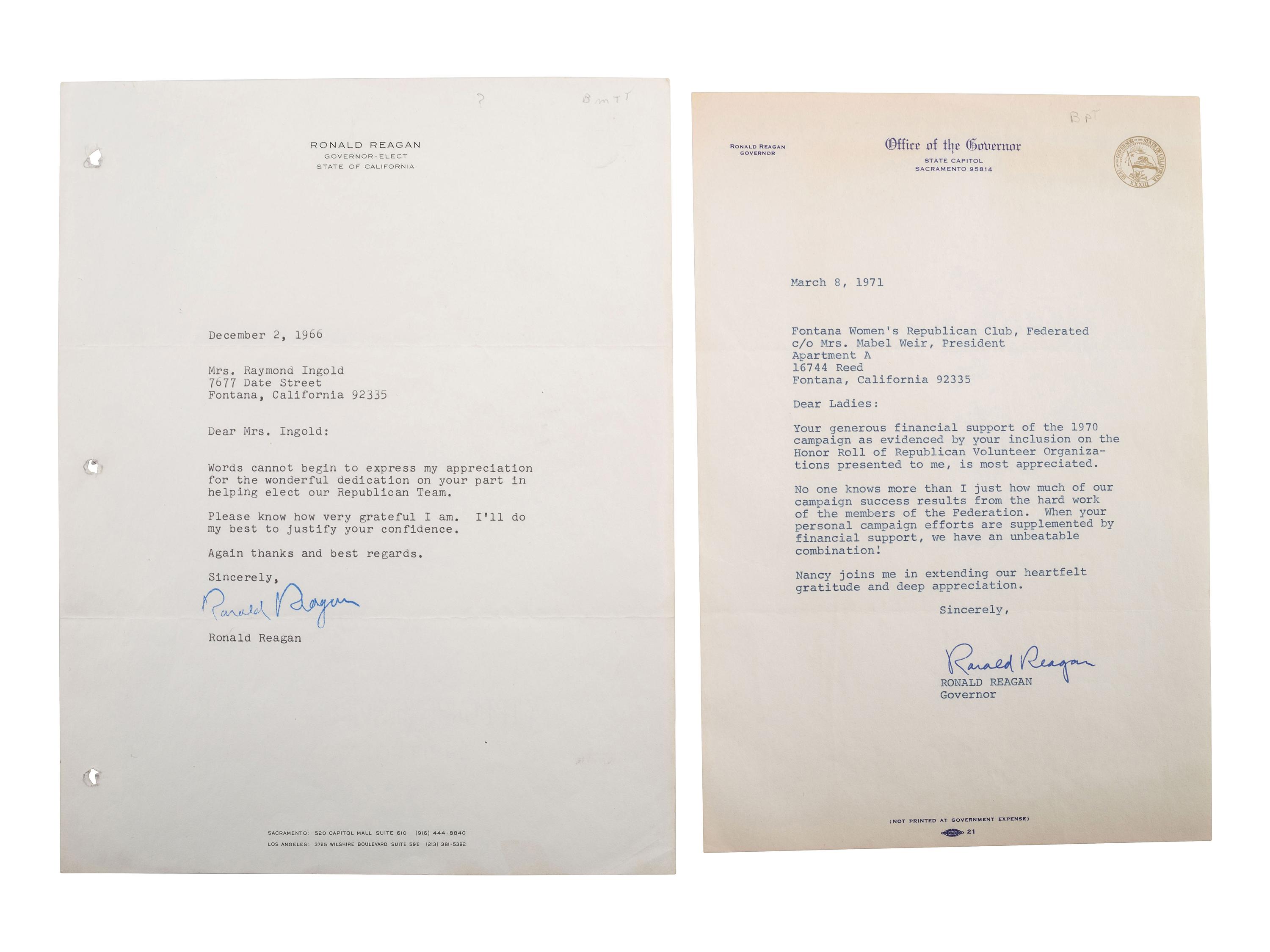 REAGAN, Ronald (1911-2004). Five signed items, most as Governor of California, plus.