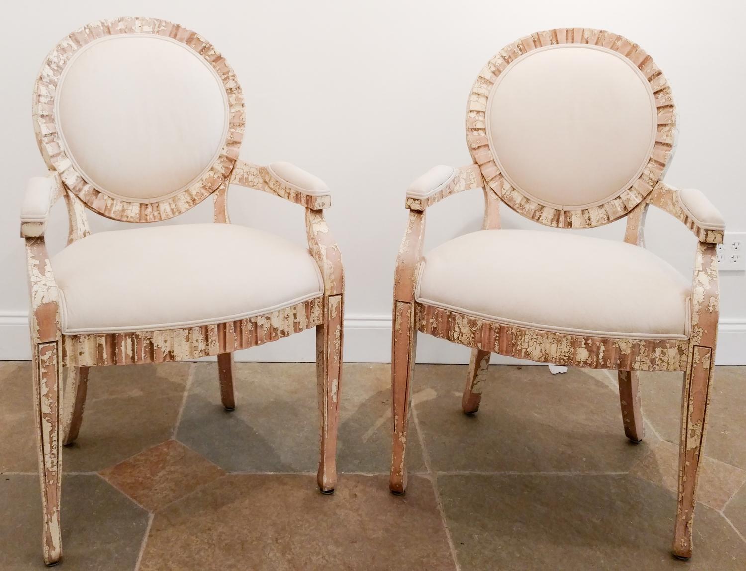 A Set of Six Cream-Painted Open Arm Chairs Height 39 inches. — 20TH CENTURY