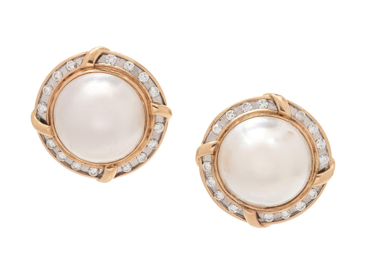 A Pair of 14 Karat Bicolor Gold, Cultured Mabe Pearl and Diamond Earclips,