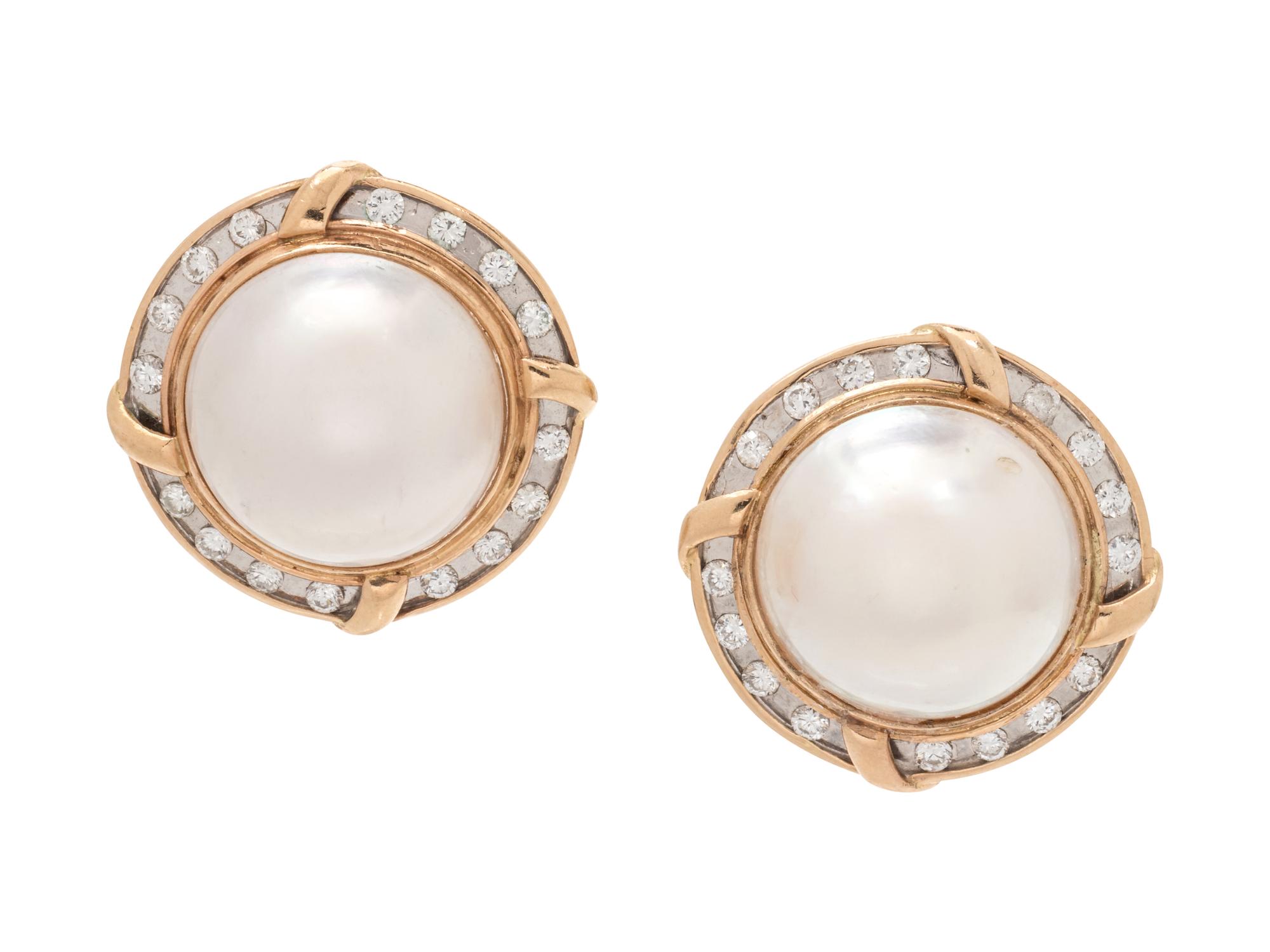 A Pair of 14 Karat Bicolor Gold, Cultured Mabe Pearl and Diamond Earclips,