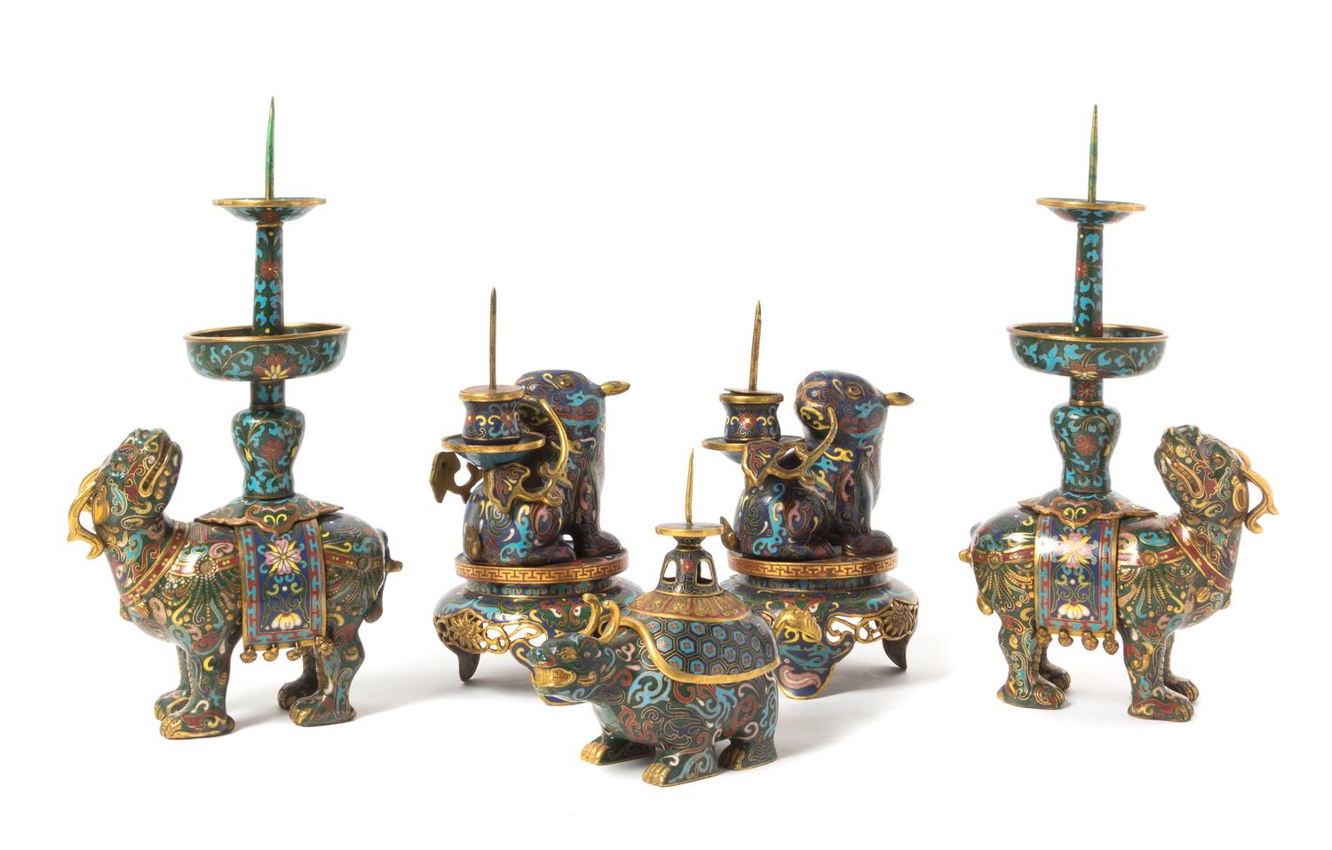 Five Cloisonne Enamel Candlesticks