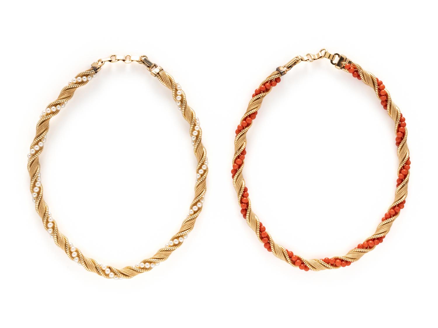 COLLECTION OF YELLOW GOLD, CULTURED PEARL, AND CORAL NECKLACES