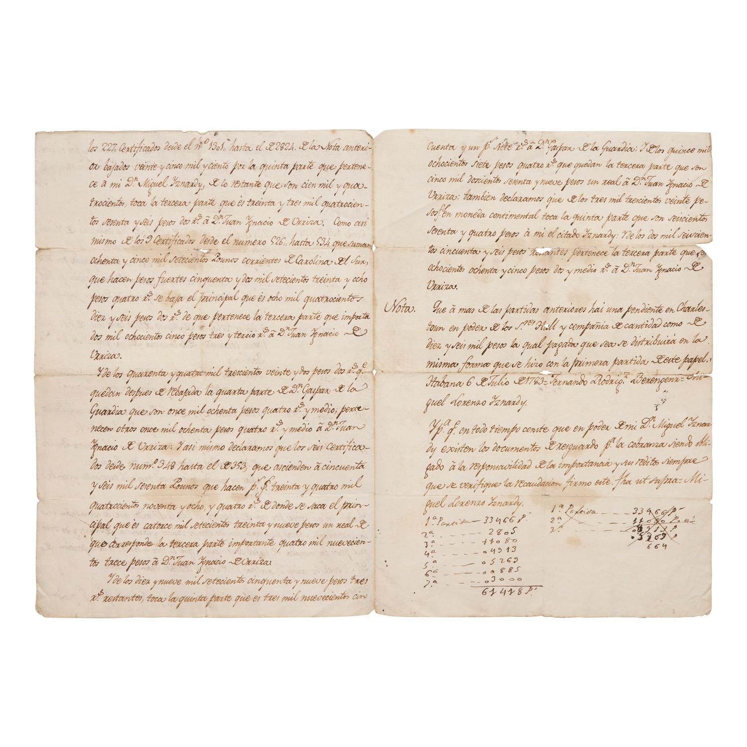 [American Revolution] Iznardy, Miguel Lorenzo de. Manuscript Document, "Nota de los certificados pagaderos por los Estados unidos de la America"