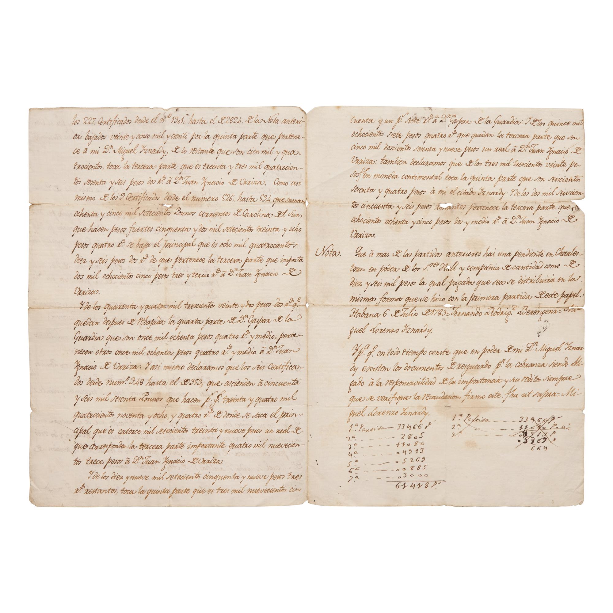 [American Revolution] Iznardy, Miguel Lorenzo de. Manuscript Document, "Nota de los certificados pagaderos por los Estados unidos de la America"