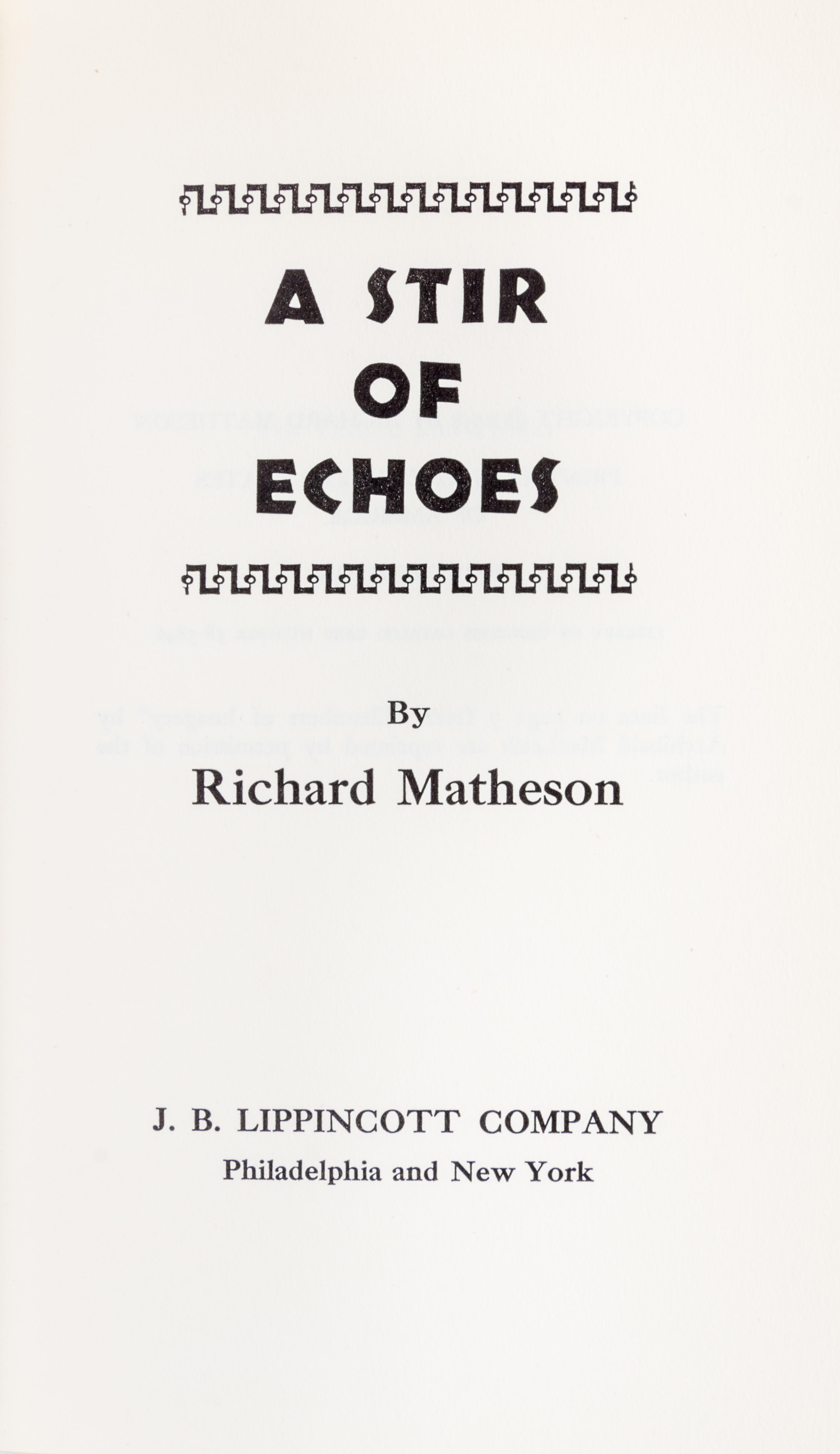 MATHESON, RICHARD. 2 signed works: Hell House (1971) and A Stir of Echoes (1958).