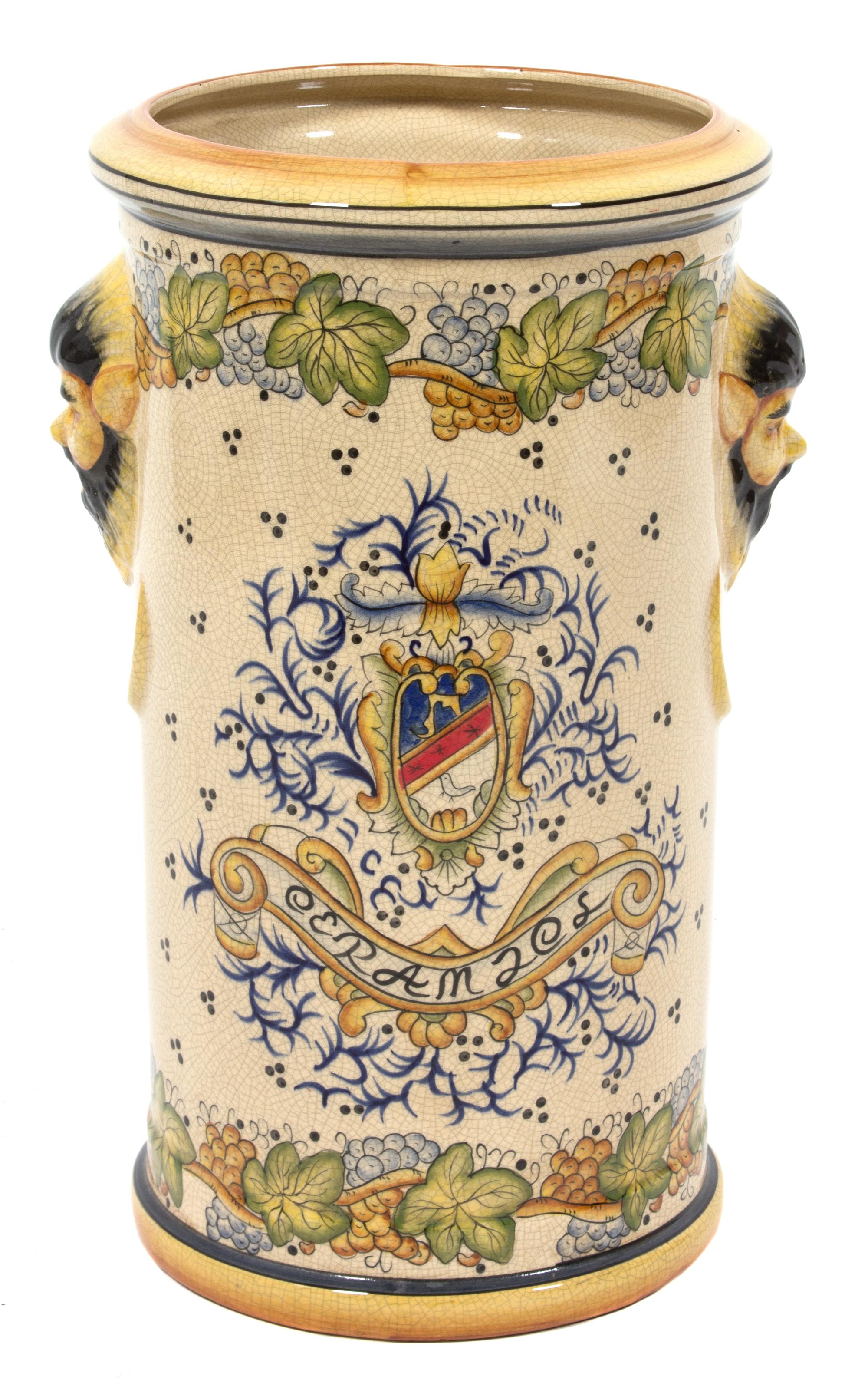 An Italian Glazed Ceramic Umbrella Jar Height 19 inches. — 20TH CENTURY