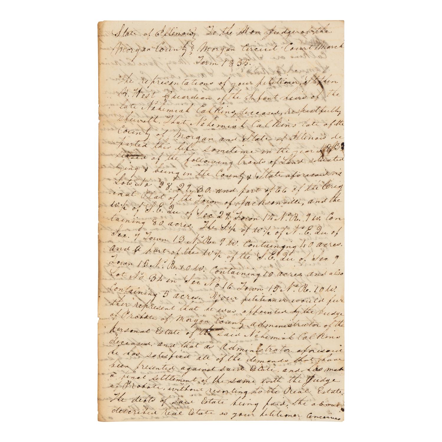 DOUGLAS, Stephen Arnold (1813-1861). A group of 14 documents and letters relating to Douglas's legal and political career, ca 1834-1857, comprising: