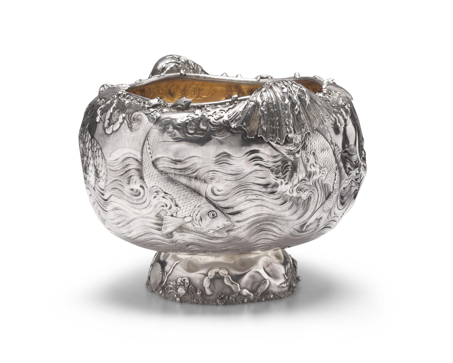 A Rare and Monumental Sterling Silver Japonesque Punch Bowl