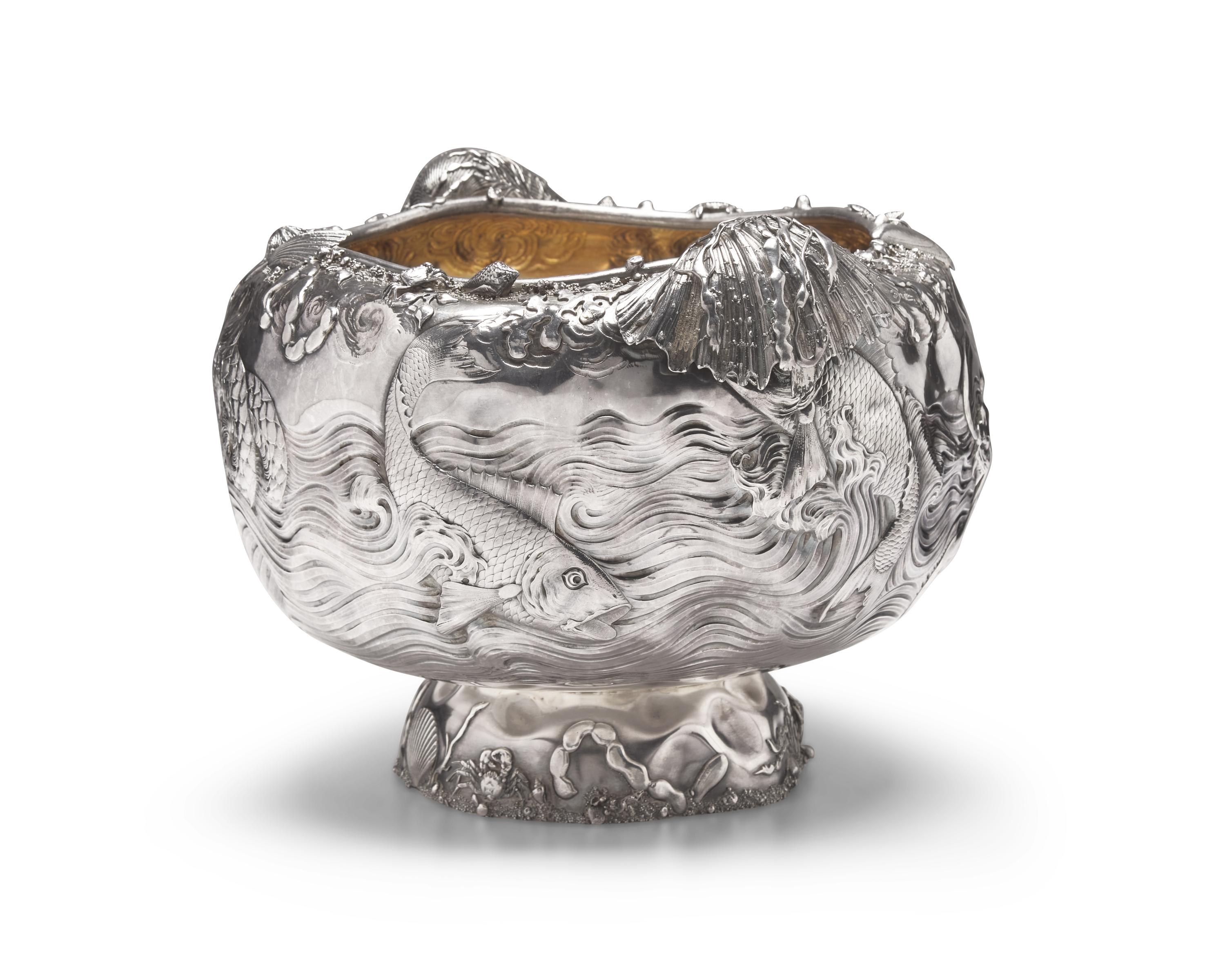 A Rare and Monumental Sterling Silver Japonesque Punch Bowl