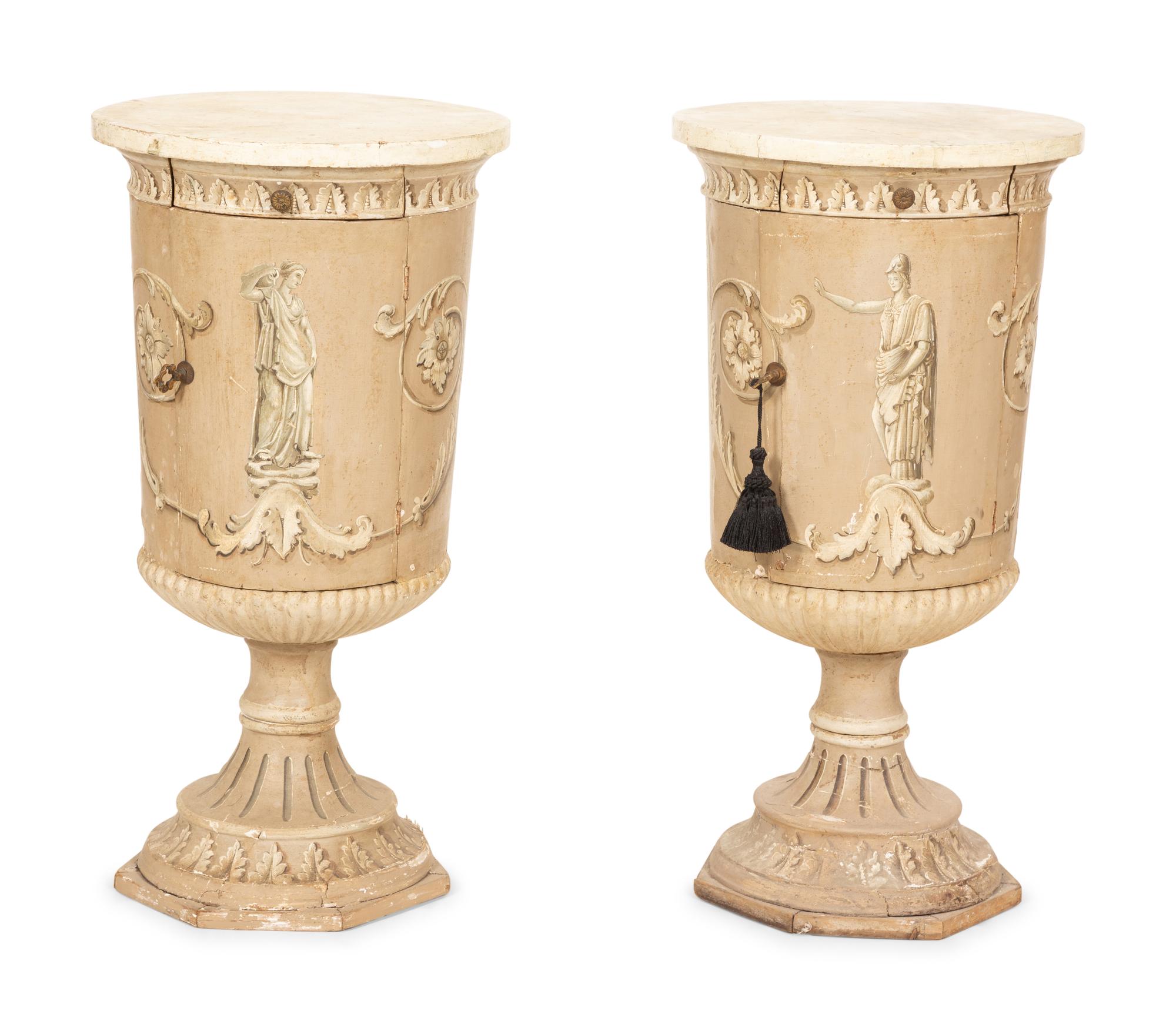 A Pair of Italian Neoclassical Painted Pedestal Cabinets with Faux Marble Painted Tops