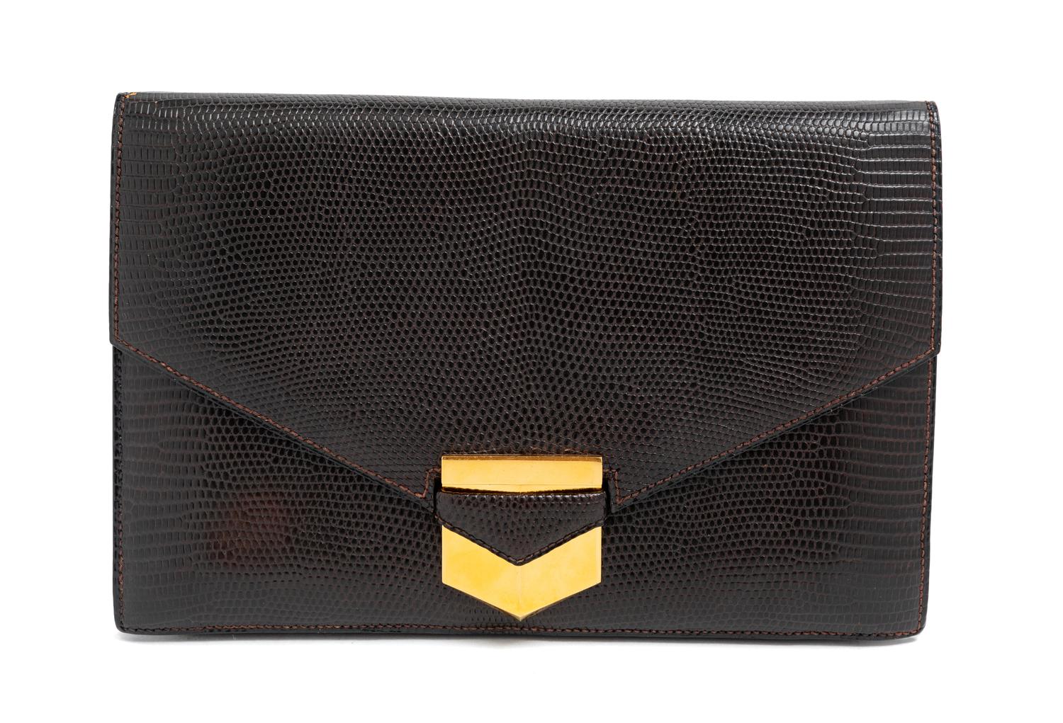 Hermès Midnight Brown Lizard Envelope Clutch, 1970s
