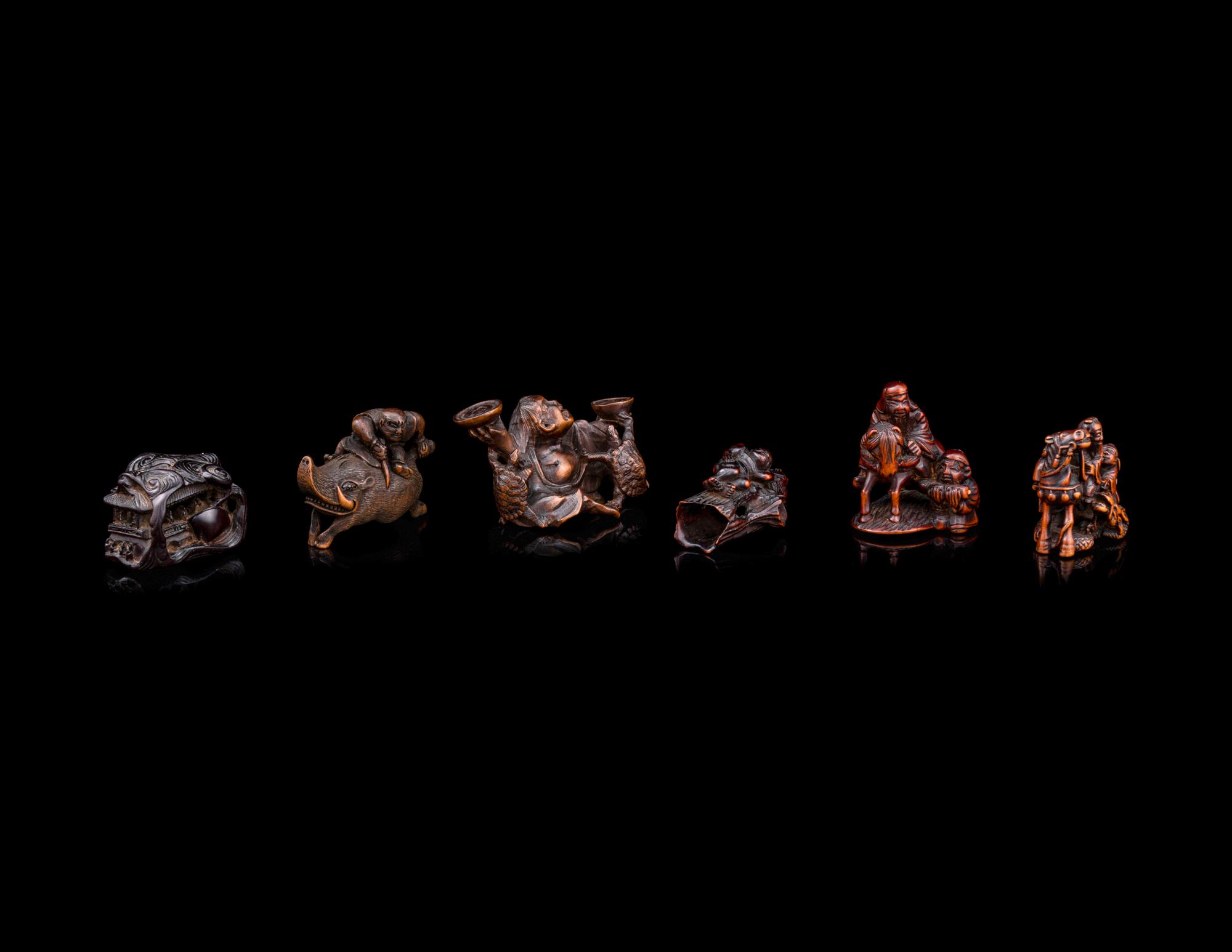 Six Japanese Carved Wood 'Figural Group' Netsuke