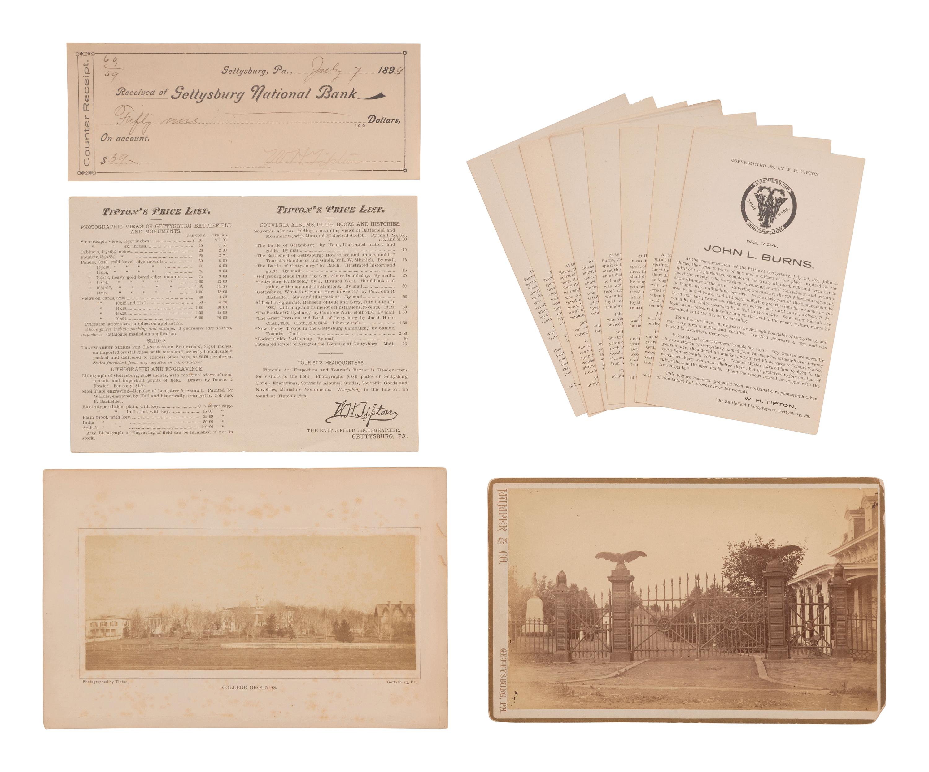 [EARLY PHOTOGRAPHY]. A collection of photographs and items related to Gettysburg photographers Levi MUMPER and W. H. TIPTON.