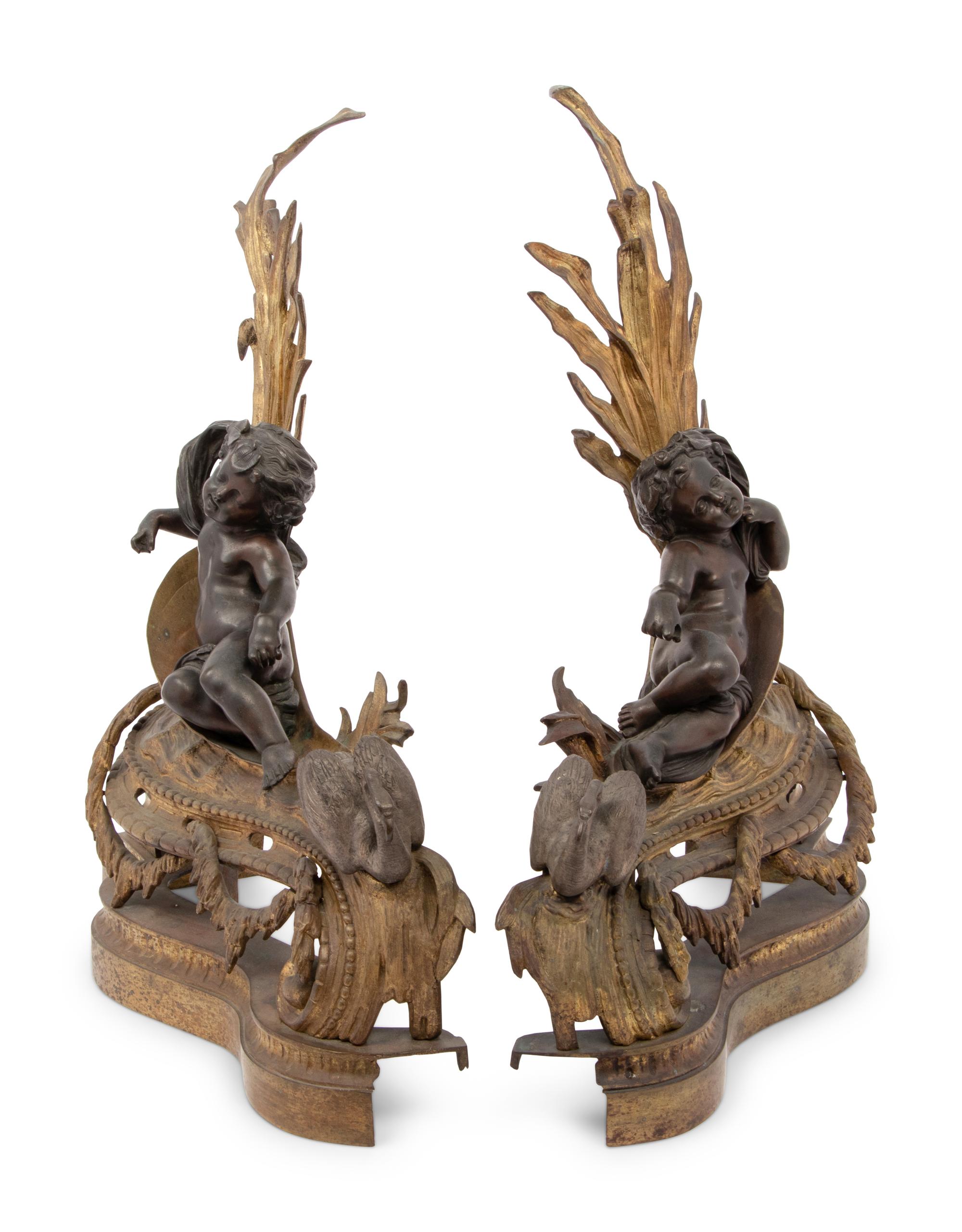 A Pair of Louis XV Style Gilt and Patinated Bronze Figural Chenets