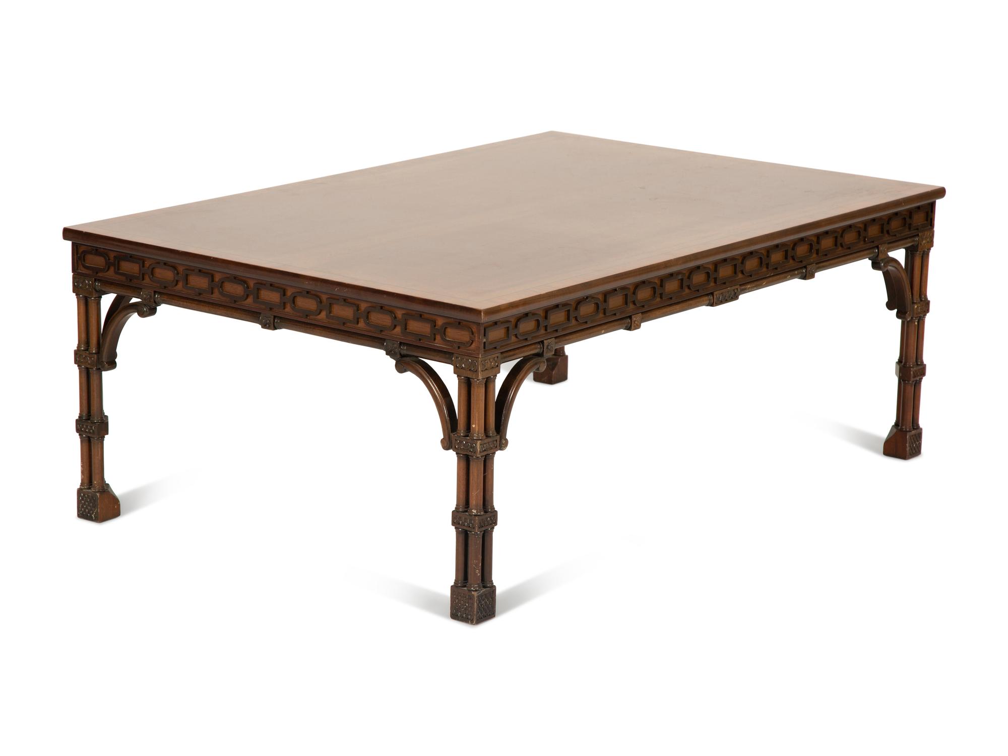 A Regency Style Bamboo Carved Ebony Inlaid Mahogany Coffee Table — 20th Century