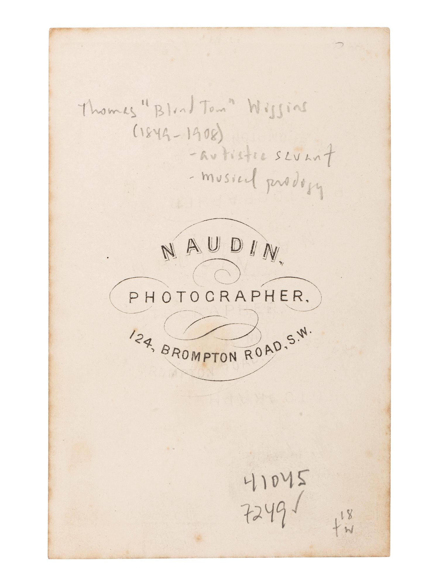 [AFRICAN AMERICANA - MUSIC]. CDV of Thomas "Blind Tom" Wiggins (1849-1908). London: Antoine Naudin, 1866.