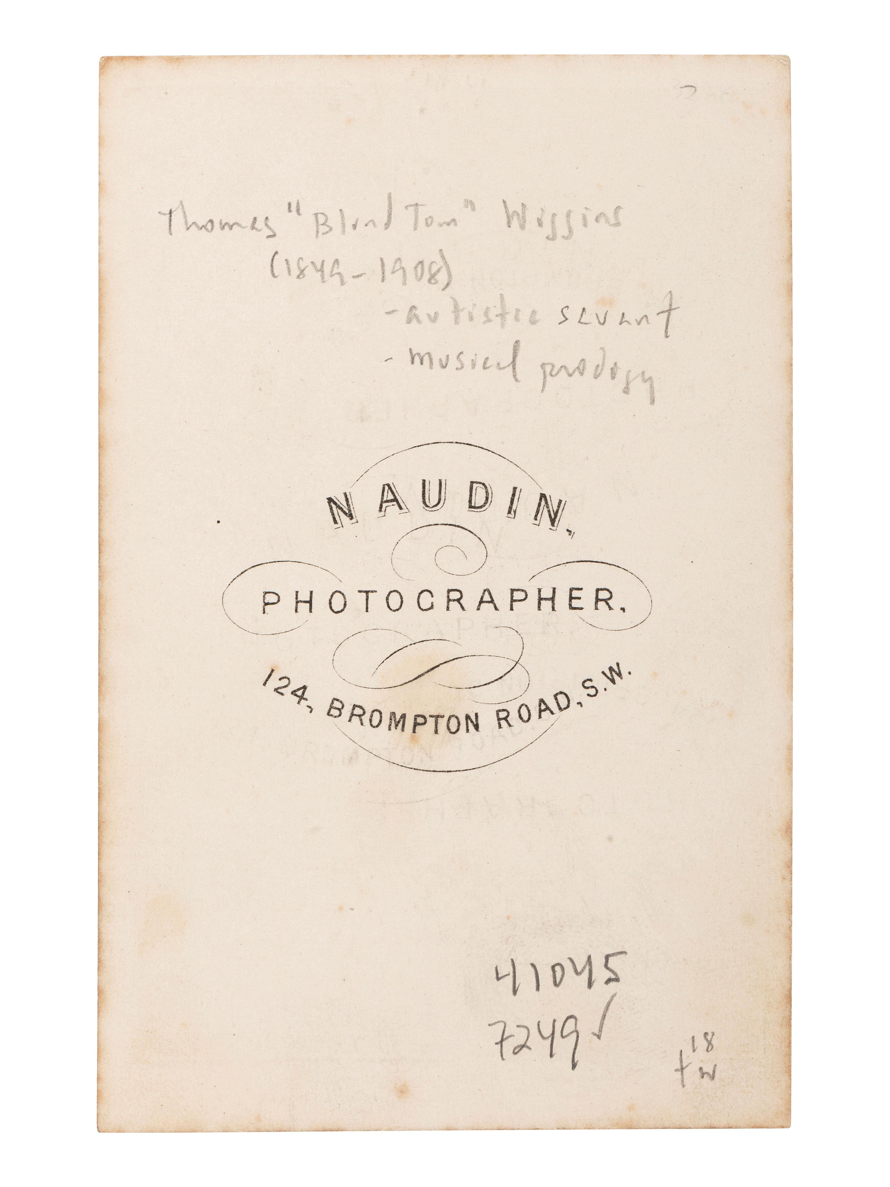 [AFRICAN AMERICANA - MUSIC]. CDV of Thomas "Blind Tom" Wiggins (1849-1908). London: Antoine Naudin, 1866.