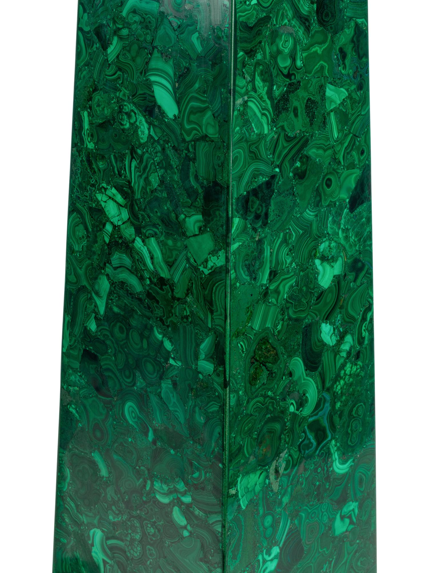 A Pair of Monumental Malachite Veneered Obelisks