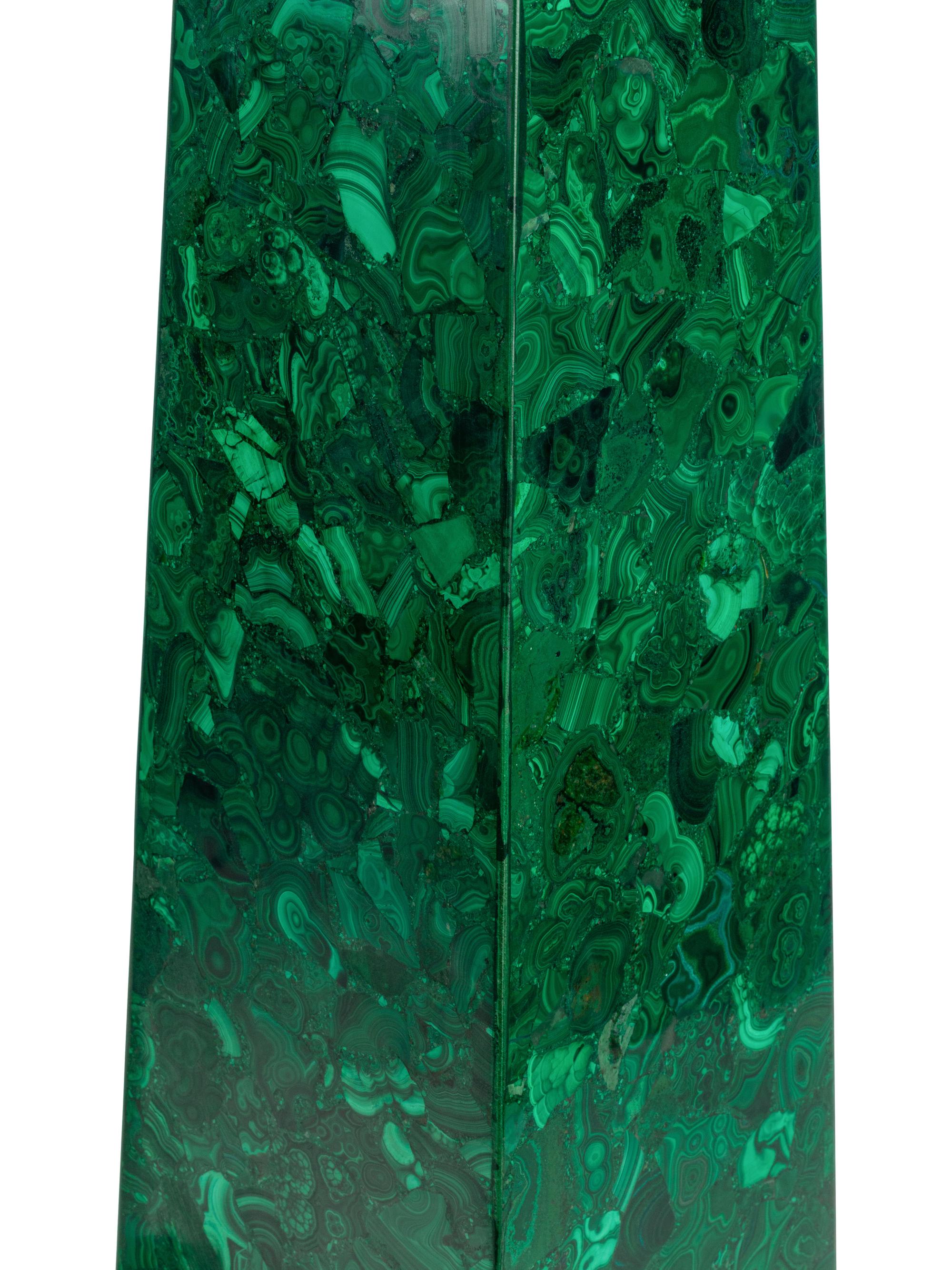 A Pair of Monumental Malachite Veneered Obelisks