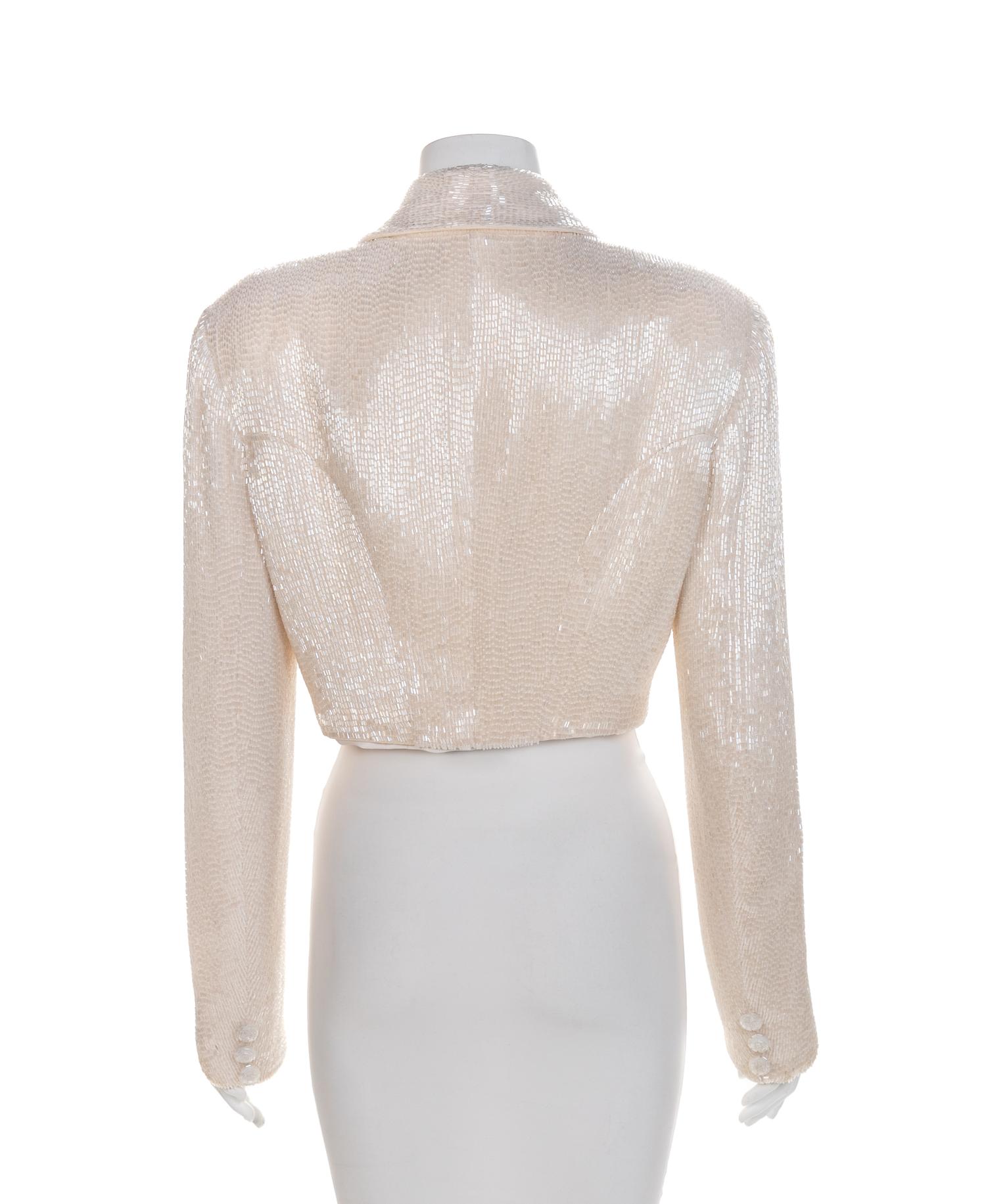 White Glass Beaded Cropped Tuxedo Jacket, 1980-90s No size label