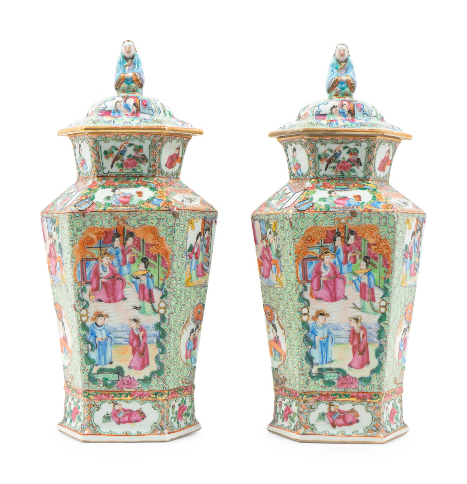 A Pair of Chinese Export Rose Medallion Porcelain Vases and Covers — 19TH CENTURY