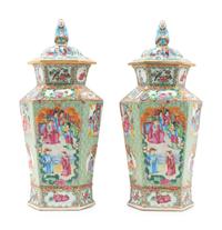 A Pair of Chinese Export Rose Medallion Porcelain Vases and Covers — 19TH CENTURY