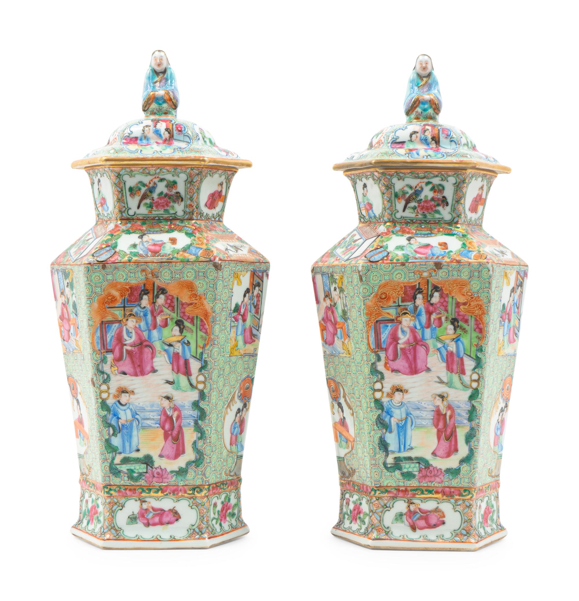 A Pair of Chinese Export Rose Medallion Porcelain Vases and Covers — 19TH CENTURY