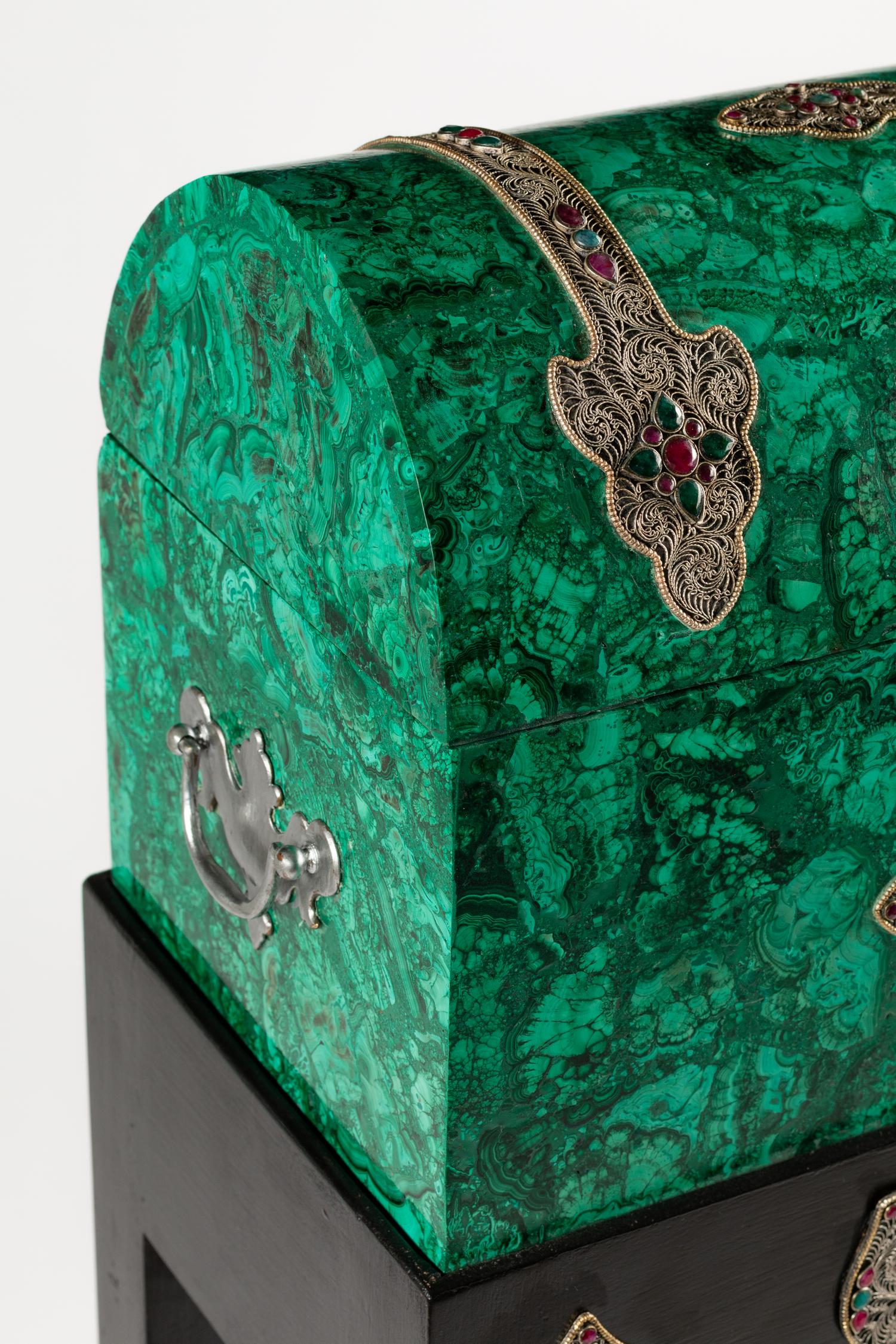 A Ruby, Emerald and Filigree Mounted Malachite Casket on Stand