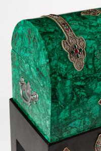 A Ruby, Emerald and Filigree Mounted Malachite Casket on Stand