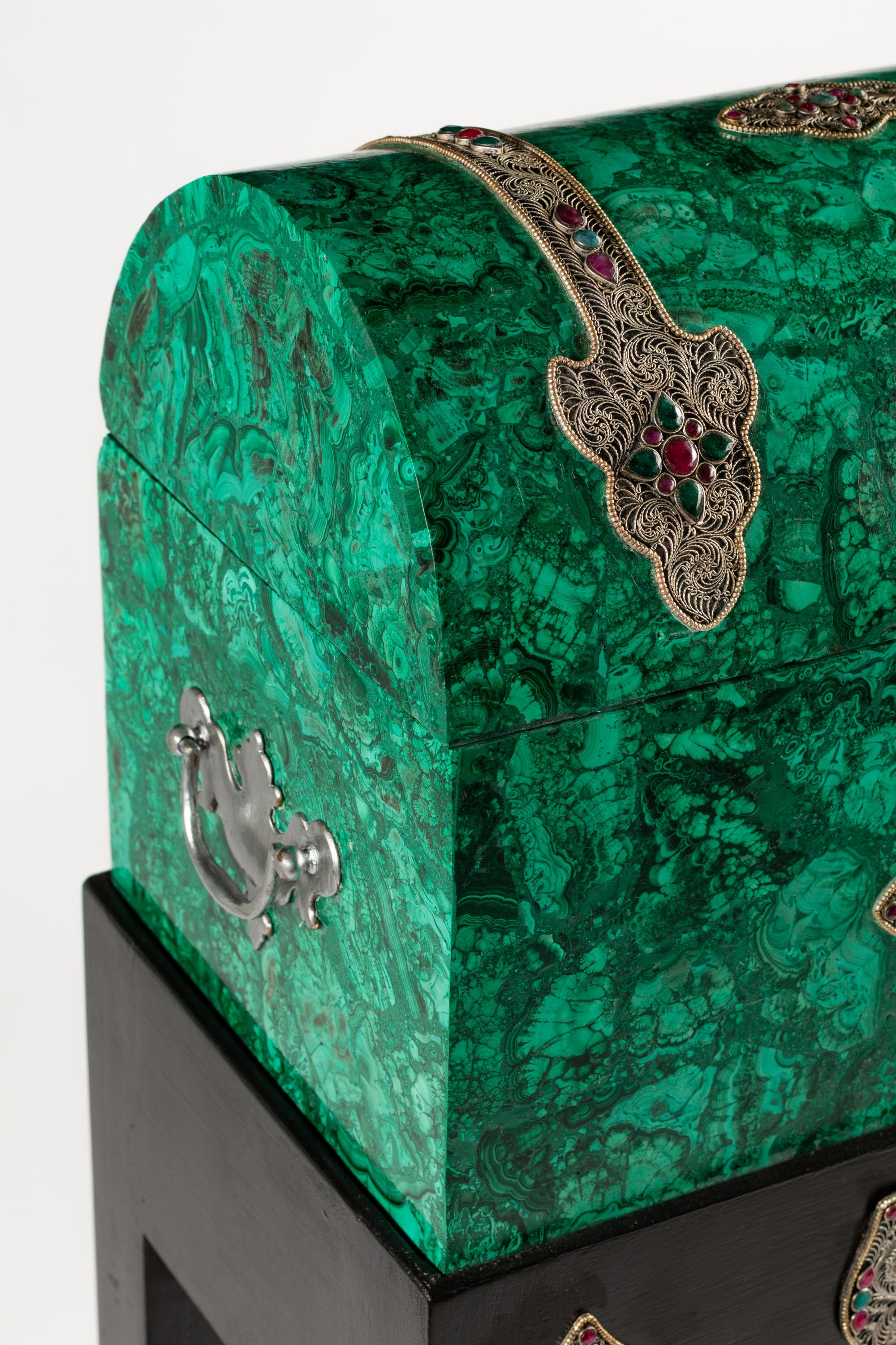 A Ruby, Emerald and Filigree Mounted Malachite Casket on Stand