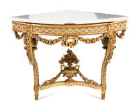A Louis XVI Style Painted and Parcel Gilt Marble-Top Corner Table