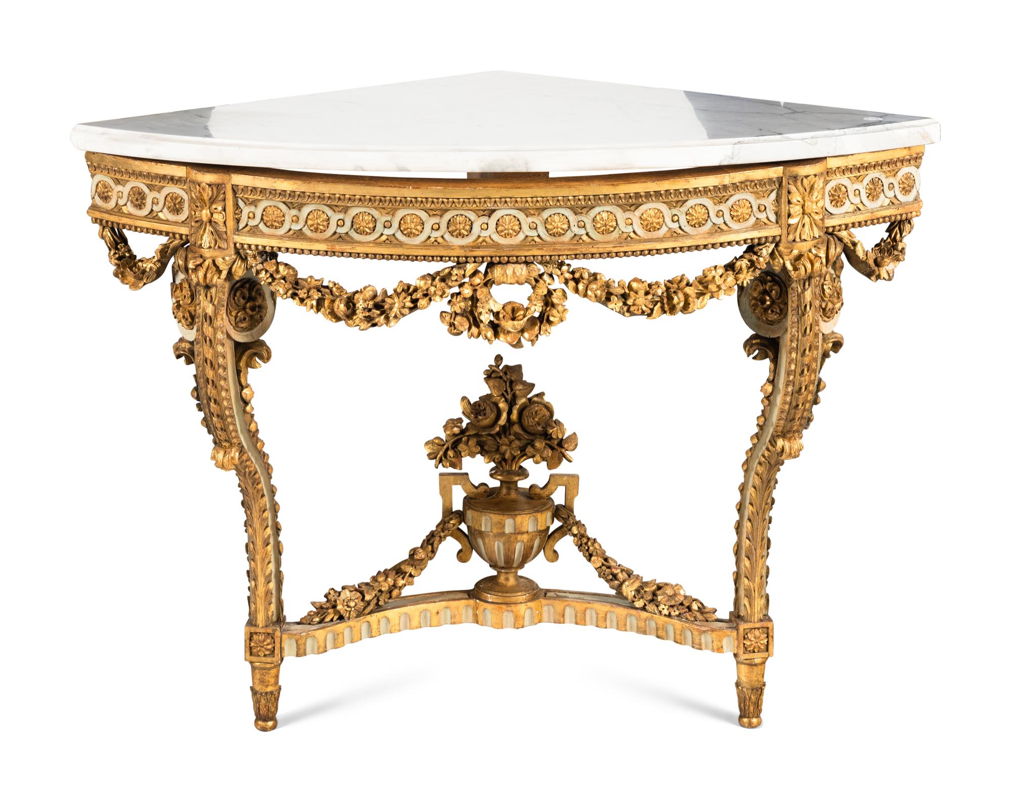 A Louis XVI Style Painted and Parcel Gilt Marble-Top Corner Table