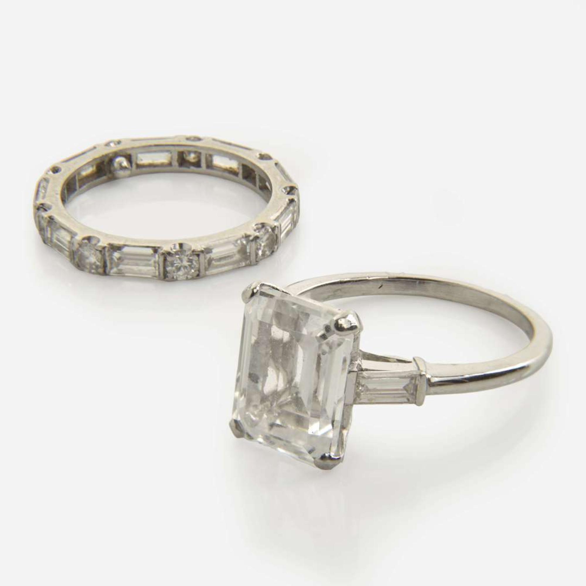 A Platinum, White Sapphire, and Diamond Ring Set