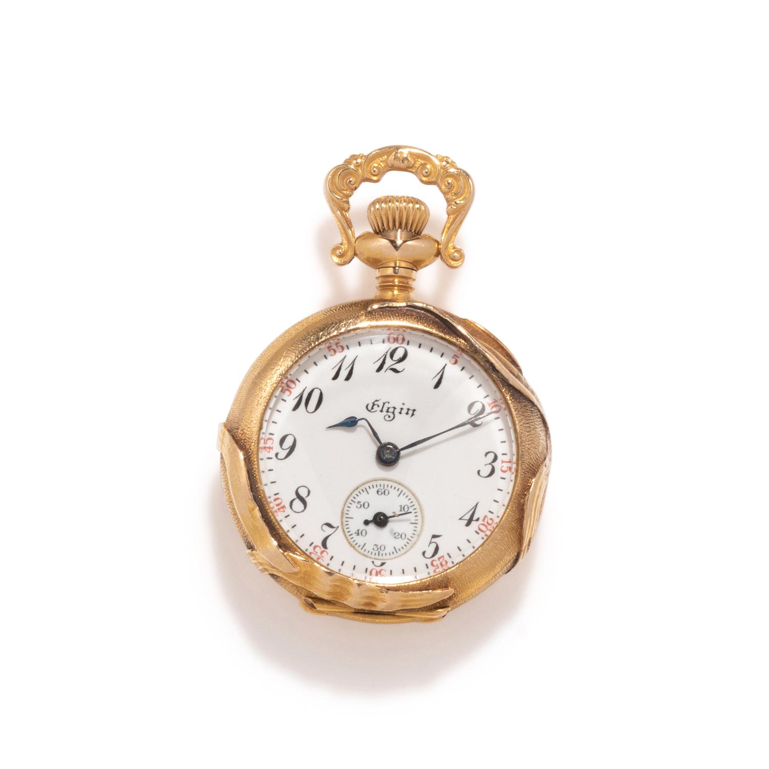 ART NOUVEAU, ELGIN, 14K YELLOW GOLD AND DIAMOND POCKET WATCH