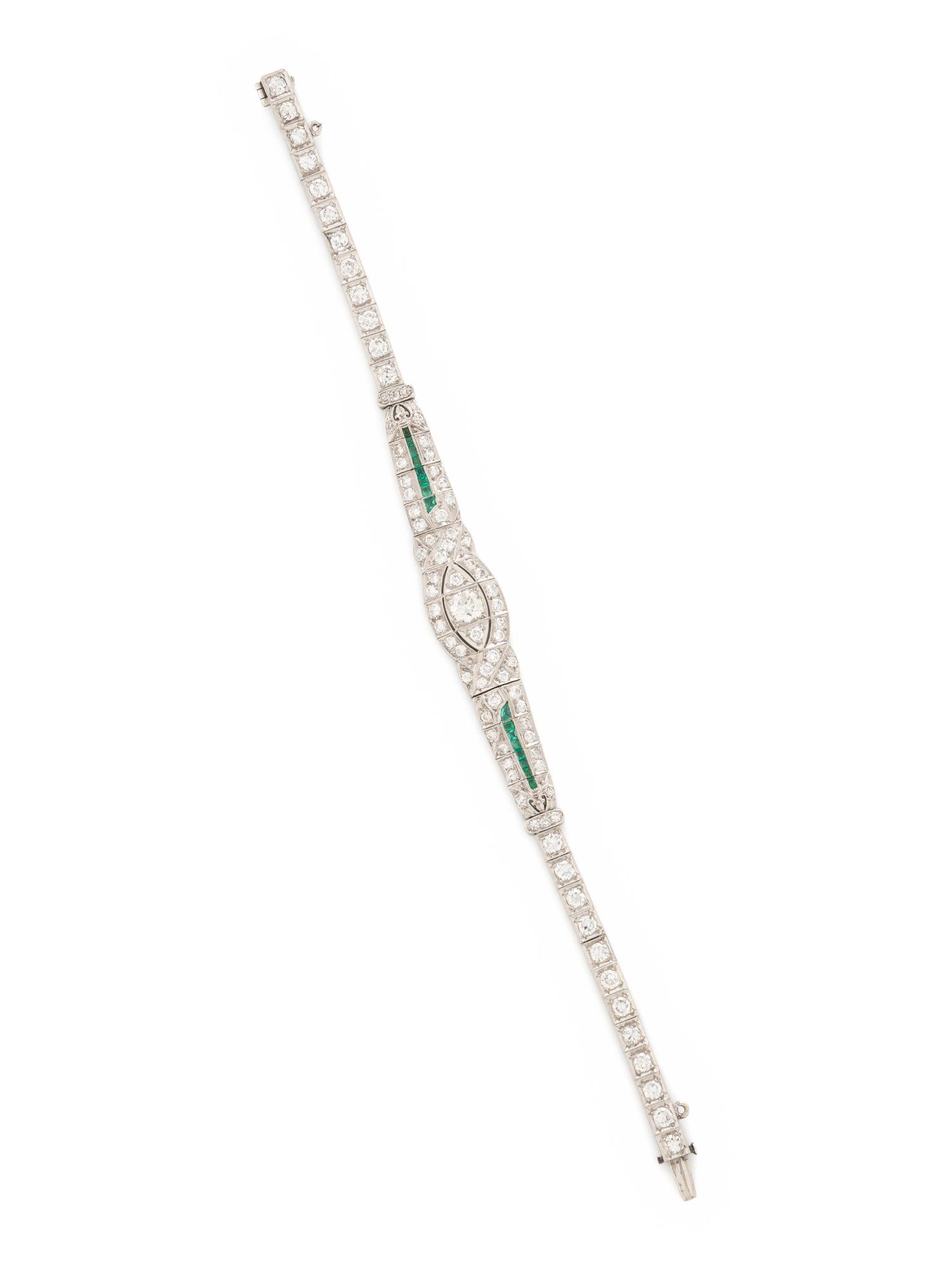 ART DECO, DIAMOND, EMERALD, AND PLATINUM BRACELET