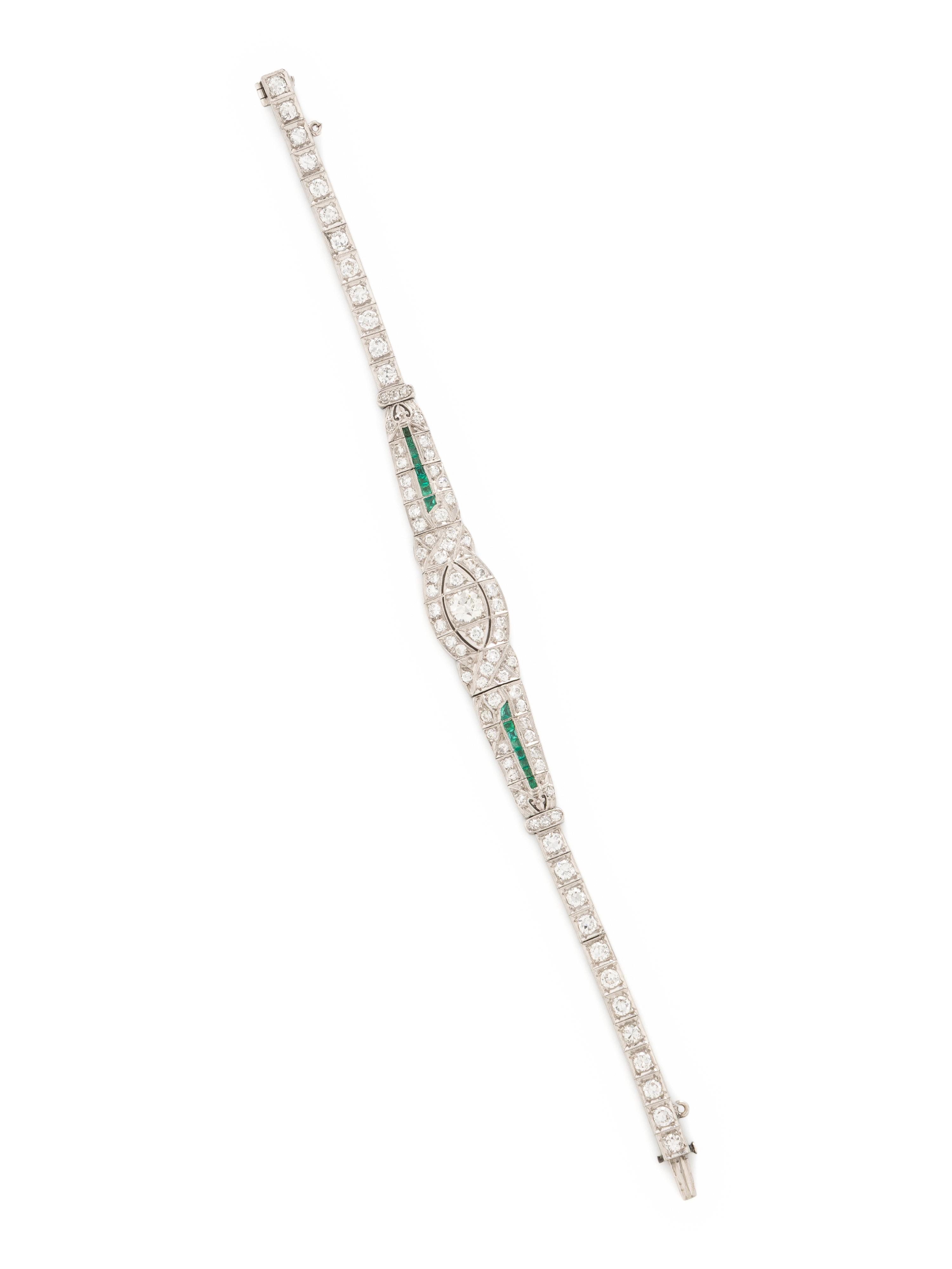 ART DECO, DIAMOND, EMERALD, AND PLATINUM BRACELET