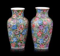 A Pair of Chinese Famille Rose Porcelain 'Millefleur' Vases