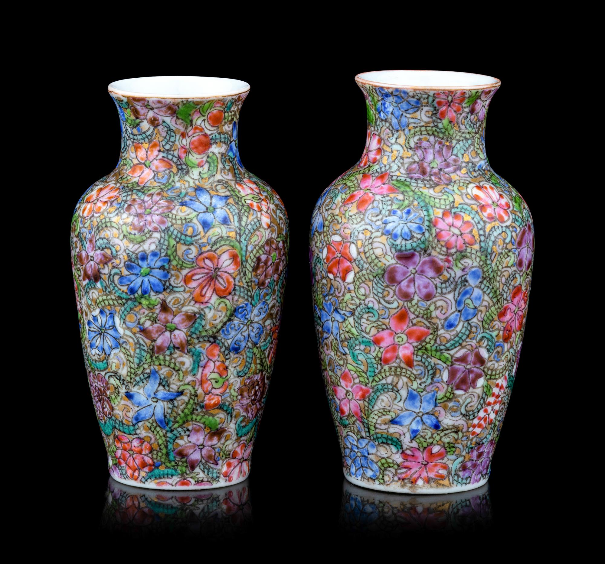 A Pair of Chinese Famille Rose Porcelain 'Millefleur' Vases