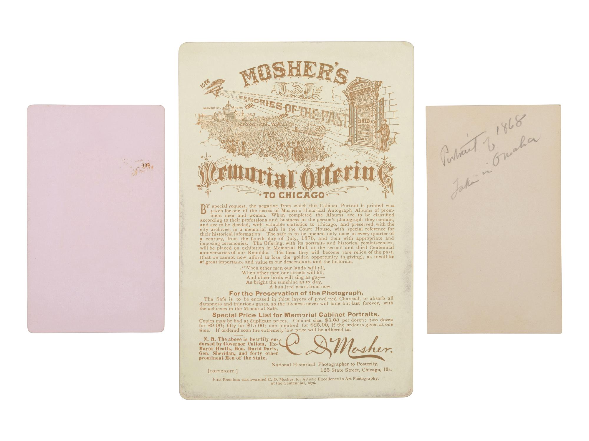 [EARLY PHOTOGRAPHY]. A group of 3 photographs of American photographer William Henry JACKSON.