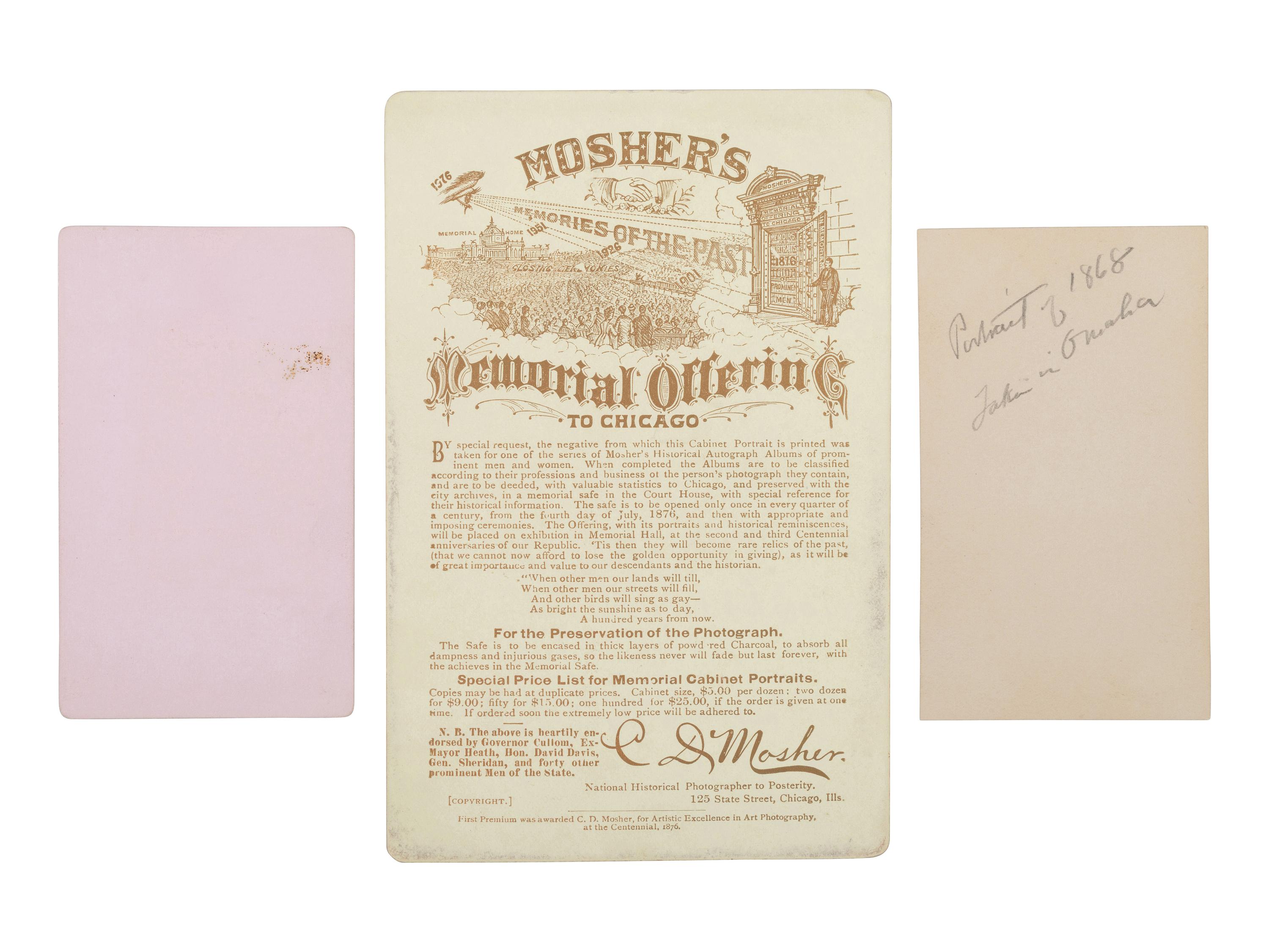 [EARLY PHOTOGRAPHY]. A group of 3 photographs of American photographer William Henry JACKSON.