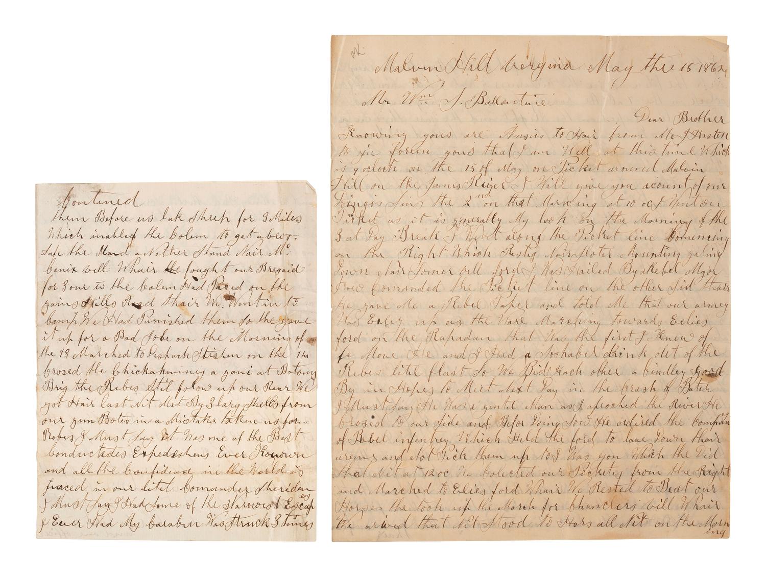[CIVIL WAR]. Manuscript archive of Sergeant Hamilton Ballentine (1833-1920), Co. K, 6th Pennsylvania Cavalry, "Rush's Lancers," featuring battle content from key engagements and descriptions of "Sheridan's Raiders."