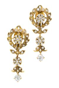 A Pair of Yellow Gold and Diamond Foliate Motif Earclips, 5.60 dwts.