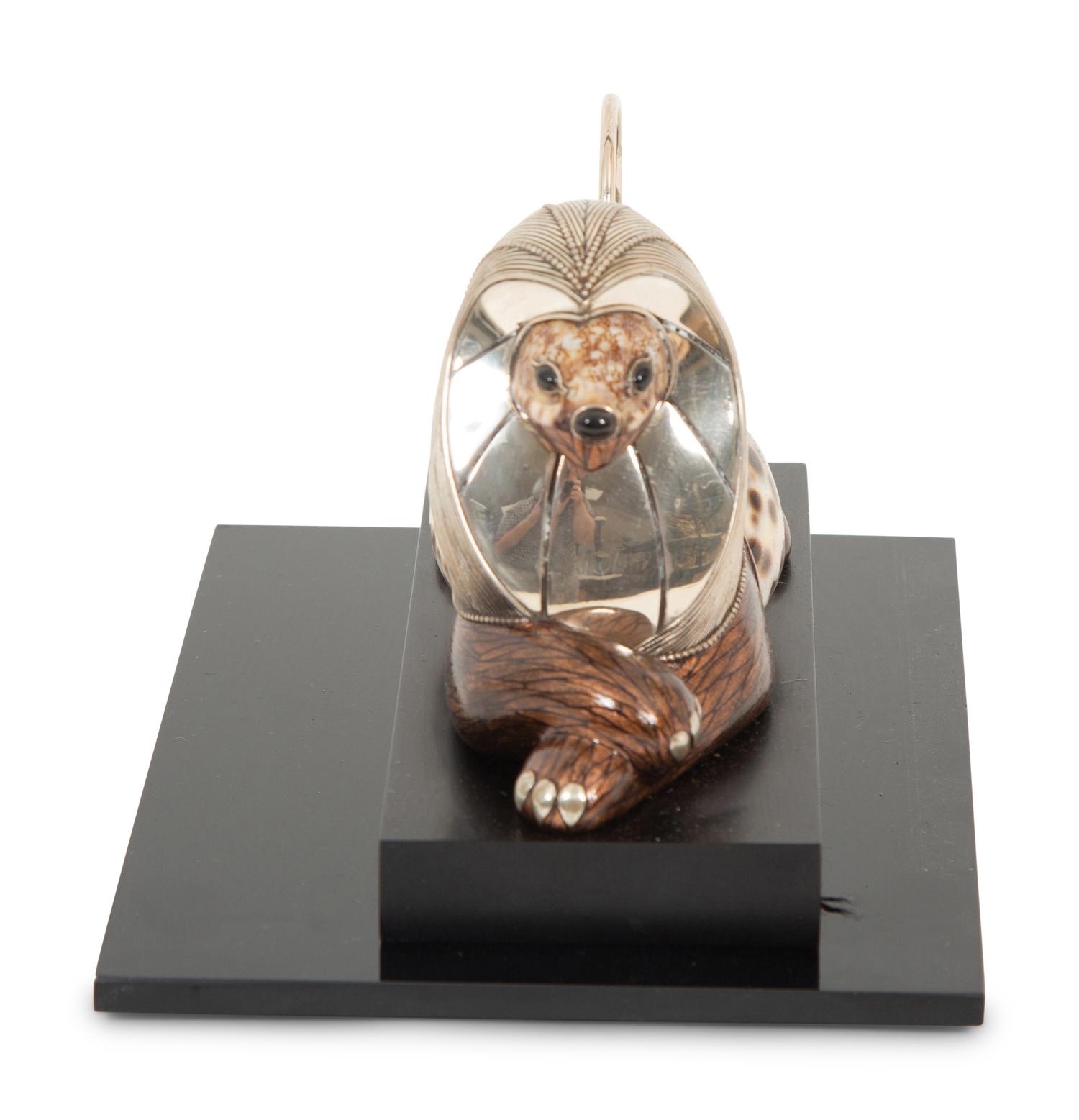 A Roberto Estevez Lion Seashell, Enamel and Silver Sculpture