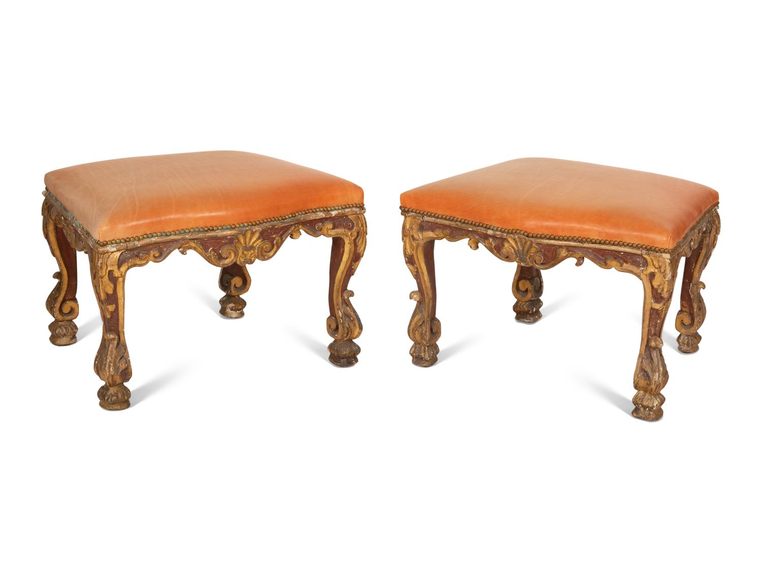 A Pair of Louis XV Painted and Parcel Gilt Tabourets