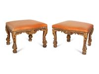 A Pair of Louis XV Painted and Parcel Gilt Tabourets