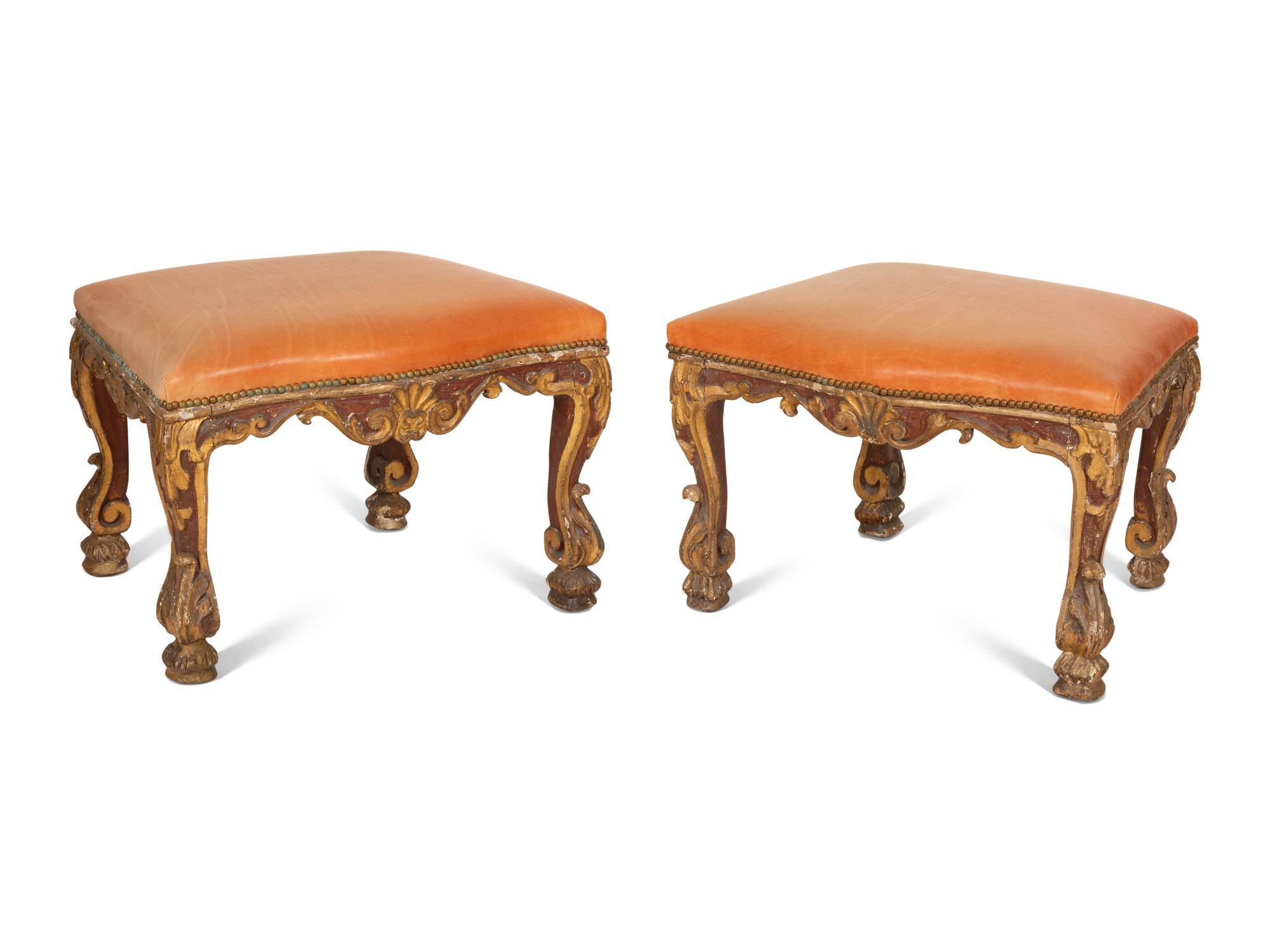 A Pair of Louis XV Painted and Parcel Gilt Tabourets