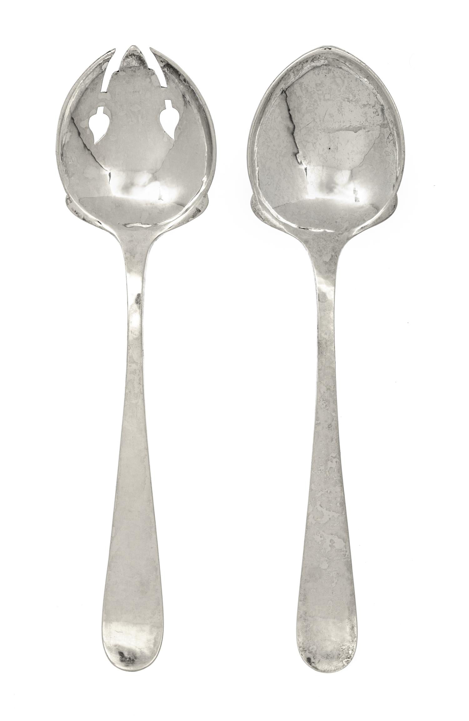 An American Arts and Crafts Silver Salad Set, Kalo Shop, Chicago, IL, comprising a fork and a spoon, each with hammered finish.
