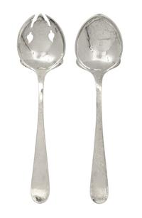 An American Arts and Crafts Silver Salad Set, Kalo Shop, Chicago, IL, comprising a fork and a spoon, each with hammered finish.