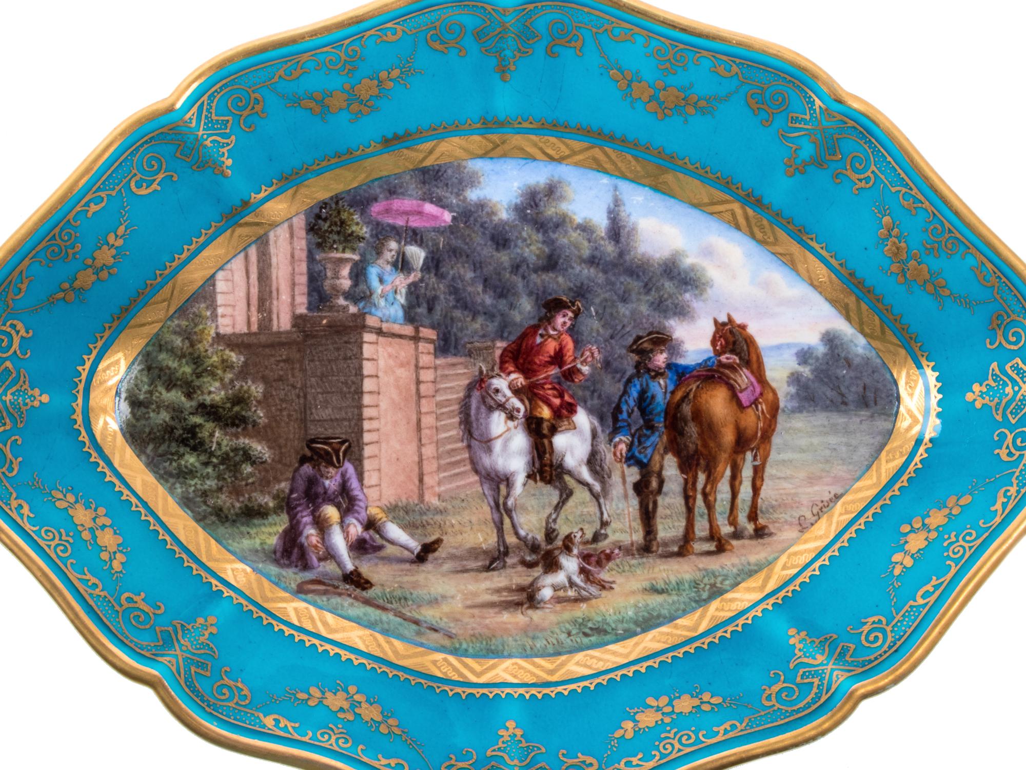 A Pair of Sèvres Style Painted and Parcel Gilt Celeste Blue-Ground Porcelain Lozenge-Form Dishes
