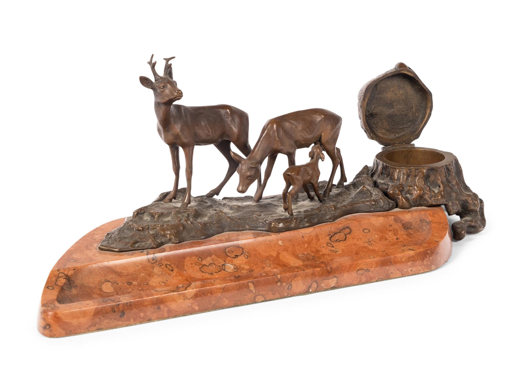 A Continental Bronze and Carved Hardstone Standish